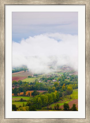Framed Elevated view of the Cerou Valley from Place de la Bride in fog, Cordes-sur-Ciel, Tarn, Midi-Pyrenees, France Print