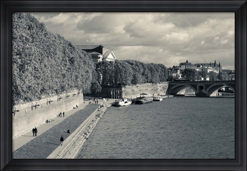 Framed Boats at Quai de la Daurade, Toulouse, Haute-Garonne, Midi-Pyrenees, France (black and white) Print