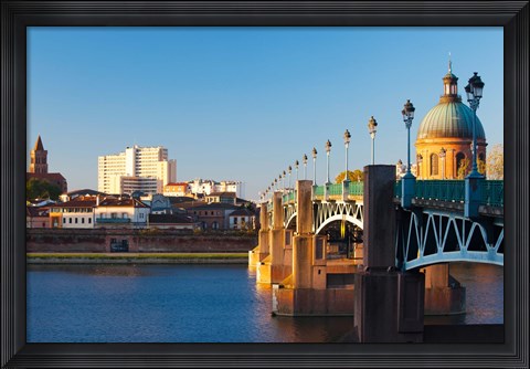 Framed Pont Saint-Pierre bridge and the dome of the Hopital de la Grave at sunrise, Toulouse, Haute-Garonne, Midi-Pyrenees, France Print