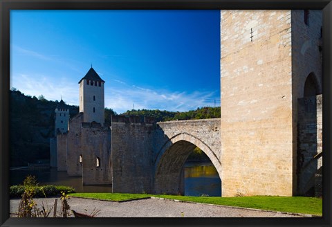 Framed Medieval bridge across a river, Pont Valentre, Lot River, Cahors, Lot, Midi-Pyrenees, France Print