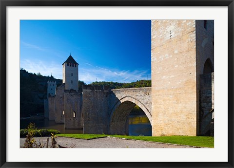 Framed Medieval bridge across a river, Pont Valentre, Lot River, Cahors, Lot, Midi-Pyrenees, France Print