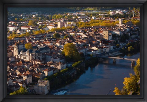 Framed Elevated view of a town viewed from Mont St-Cyr, Cahors, Lot, Midi-Pyrenees, France Print
