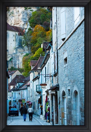 Framed Tourists walking in the street of lower town, Rocamadour, Lot, Midi-Pyrenees, France Print
