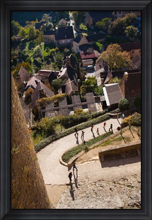Framed Elevated view of a village with Chateau de Castelnaud, Castelnaud-la-Chapelle, Dordogne, Aquitaine, France Print