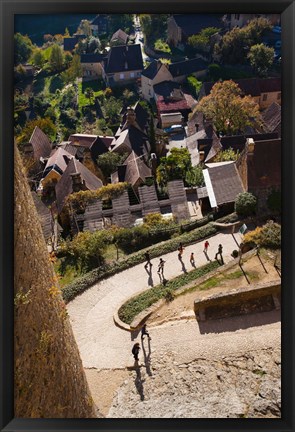 Framed Elevated view of a village with Chateau de Castelnaud, Castelnaud-la-Chapelle, Dordogne, Aquitaine, France Print