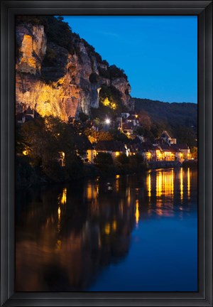 Framed Buildings lit up at evening, Dordogne River, La Roque-Gageac, Dordogne, Aquitaine, France Print