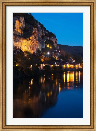 Framed Buildings lit up at evening, Dordogne River, La Roque-Gageac, Dordogne, Aquitaine, France Print
