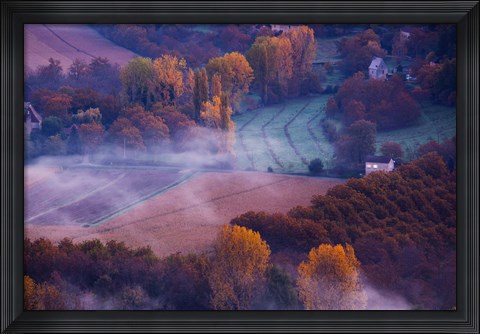 Framed Aerial View of Dordogne River Valley in fog, Domme, Dordogne, Aquitaine, France Print