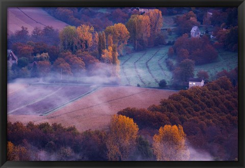 Framed Aerial View of Dordogne River Valley in fog, Domme, Dordogne, Aquitaine, France Print