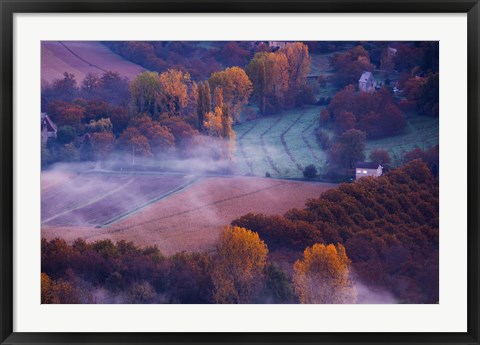 Framed Aerial View of Dordogne River Valley in fog, Domme, Dordogne, Aquitaine, France Print