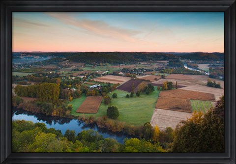 Framed Elevated view of the Dordogne River Valley in fog from the Belvedere de la Barre at dawn, Domme, Dordogne, Aquitaine, France Print