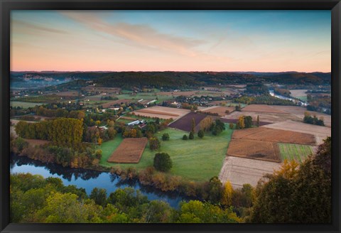 Framed Elevated view of the Dordogne River Valley in fog from the Belvedere de la Barre at dawn, Domme, Dordogne, Aquitaine, France Print