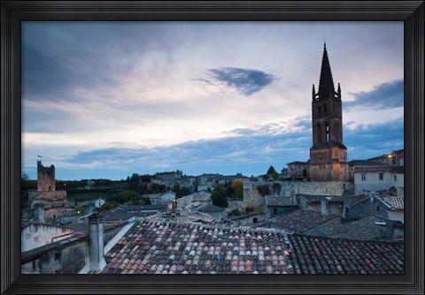 Framed Elevated view of a town with Eglise Monolithe church at dusk, Saint-Emilion, Gironde, Aquitaine, France Print