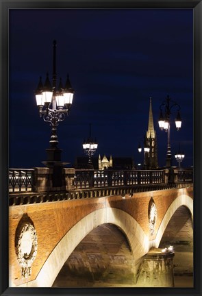 Framed Pont de Pierre bridge across Garonne River with Eglise St-Michel at dusk, Bordeaux, Gironde, Aquitaine, France Print