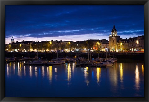 Framed Buildings at the waterfront lit up at dusk, Old Port, La Rochelle, Charente-Maritime, Poitou-Charentes, France Print