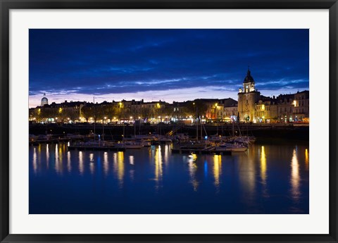 Framed Buildings at the waterfront lit up at dusk, Old Port, La Rochelle, Charente-Maritime, Poitou-Charentes, France Print