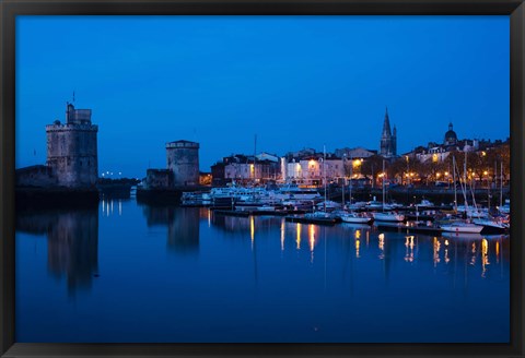 Framed Tour St-Nicholas and Tour de la Chaine towers at dawn, Old Port, La Rochelle, Charente-Maritime, Poitou-Charentes, France Print