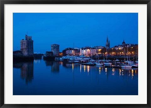 Framed Tour St-Nicholas and Tour de la Chaine towers at dawn, Old Port, La Rochelle, Charente-Maritime, Poitou-Charentes, France Print