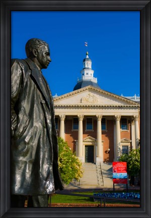 Framed Statue with a State Capitol Building in the background, Annapolis, Maryland, USA Print