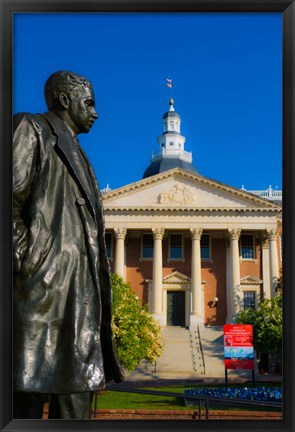 Framed Statue with a State Capitol Building in the background, Annapolis, Maryland, USA Print