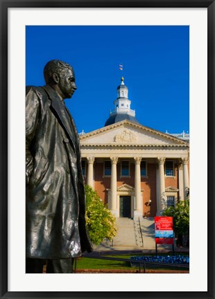 Framed Statue with a State Capitol Building in the background, Annapolis, Maryland, USA Print