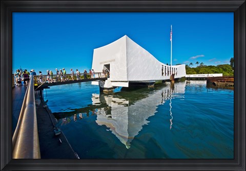 Framed Reflection of a memorial in water, USS Arizona Memorial, Pearl Harbor, Honolulu, Hawaii, USA Print