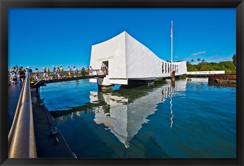 Framed Reflection of a memorial in water, USS Arizona Memorial, Pearl Harbor, Honolulu, Hawaii, USA Print