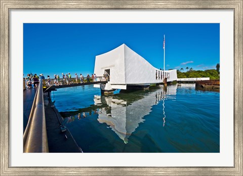 Framed Reflection of a memorial in water, USS Arizona Memorial, Pearl Harbor, Honolulu, Hawaii, USA Print