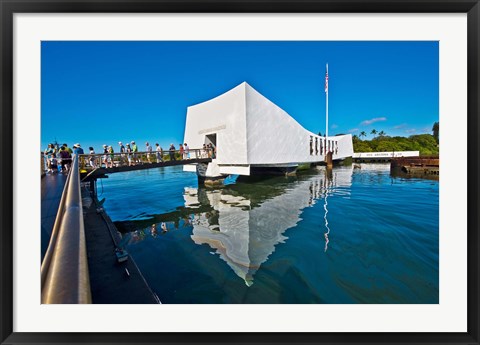 Framed Reflection of a memorial in water, USS Arizona Memorial, Pearl Harbor, Honolulu, Hawaii, USA Print