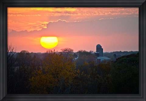 Framed Trees and farm sunset, Wisconsin, USA Print
