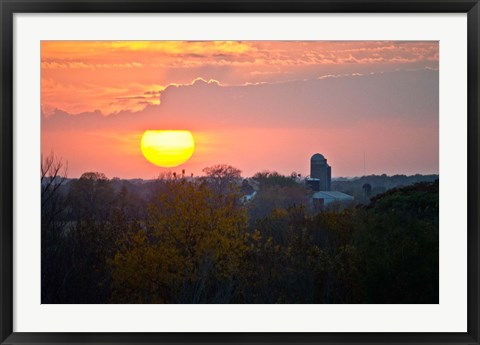 Framed Trees and farm sunset, Wisconsin, USA Print