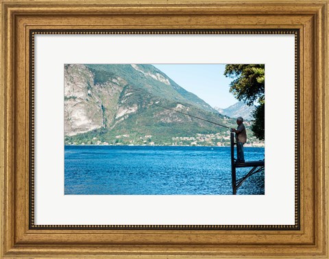 Framed Man Fishing from Dock on Edge of Lake Como, Varenna, Lombardy, Italy Print
