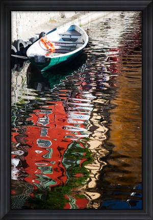 Framed Houses and boat reflected in Lake Como, Varenna, Lombardy, Italy Print