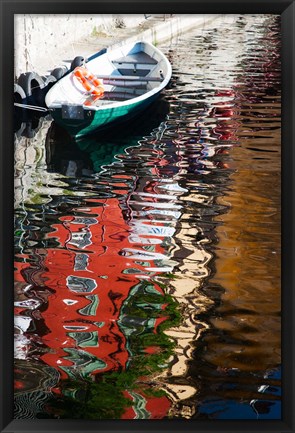 Framed Houses and boat reflected in Lake Como, Varenna, Lombardy, Italy Print