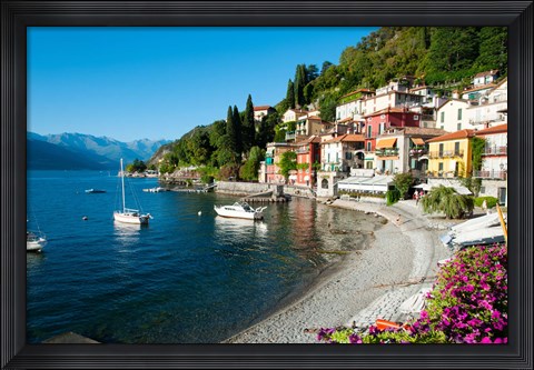 Framed Houses at waterfront with boats on Lake Como, Varenna, Lombardy, Italy Print