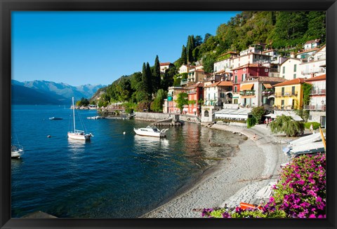 Framed Houses at waterfront with boats on Lake Como, Varenna, Lombardy, Italy Print