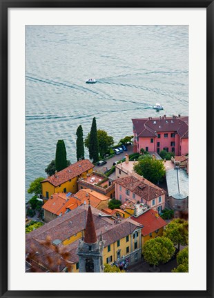 Framed High angle view of buildings in a town at the lakeside, Varenna, Lake Como, Lombardy, Italy Print