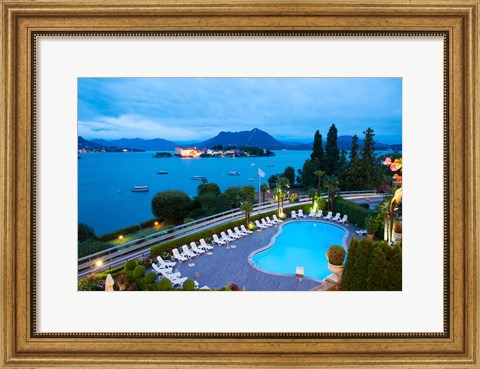 Framed Aerial view of a swimming pool at hotel, Villa e Palazzo Aminta, Isola Bella, Stresa, Lake Maggiore, Italy Print