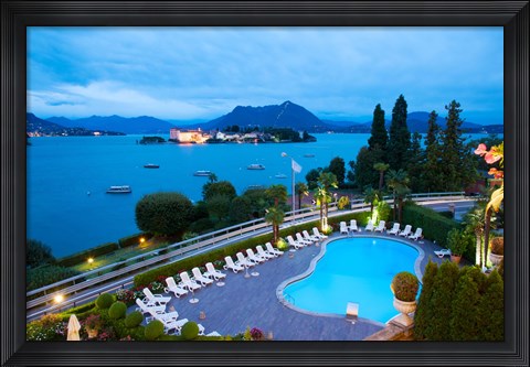 Framed Aerial view of a swimming pool at hotel, Villa e Palazzo Aminta, Isola Bella, Stresa, Lake Maggiore, Italy Print