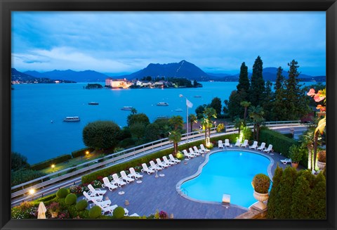 Framed Aerial view of a swimming pool at hotel, Villa e Palazzo Aminta, Isola Bella, Stresa, Lake Maggiore, Italy Print