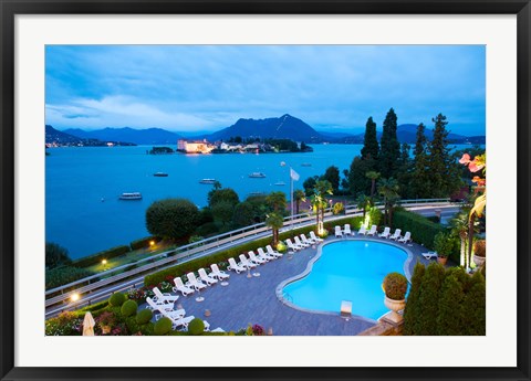 Framed Aerial view of a swimming pool at hotel, Villa e Palazzo Aminta, Isola Bella, Stresa, Lake Maggiore, Italy Print