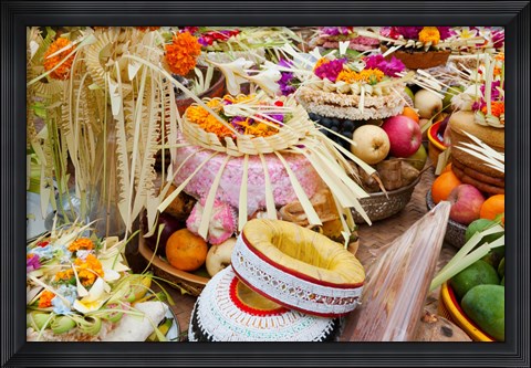 Framed Many of the offerings on cart in front of a temple in Tampaksiring, Bali, Indonesia Print
