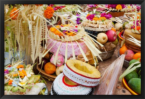 Framed Many of the offerings on cart in front of a temple in Tampaksiring, Bali, Indonesia Print