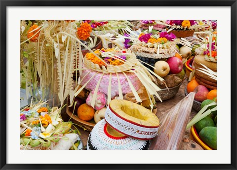 Framed Many of the offerings on cart in front of a temple in Tampaksiring, Bali, Indonesia Print