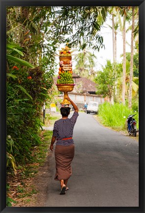 Framed Woman carrying offering to temple, Pejeng Kaja, Tampaksiring, Bali, Indonesia Print