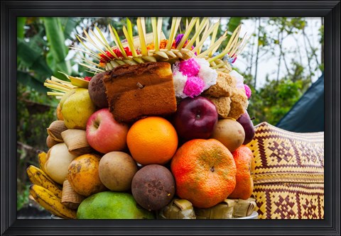 Framed Basket of fruits and bakery items being offered at temple on holy day, Tiga, Susut, Bali, Indonesia Print
