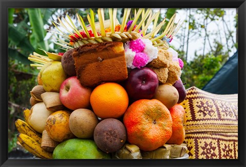 Framed Basket of fruits and bakery items being offered at temple on holy day, Tiga, Susut, Bali, Indonesia Print
