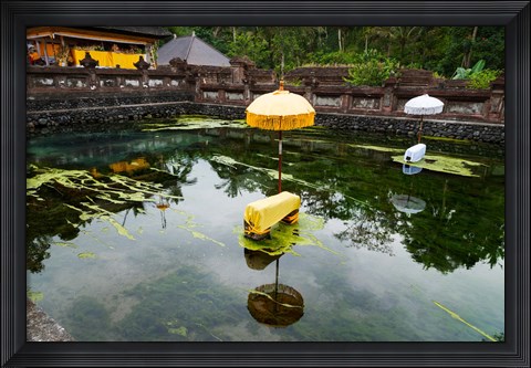 Framed Covered stones with umbrella in ritual pool at holy spring temple, Tirta Empul Temple, Tampaksiring, Bali, Indonesia Print