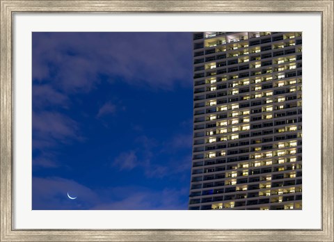 Framed Low angle view of a shopping centre with crescent moon at dusk, Marina Bay Sands, Singapore Print