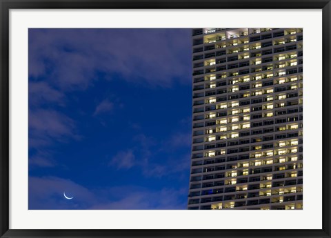 Framed Low angle view of a shopping centre with crescent moon at dusk, Marina Bay Sands, Singapore Print